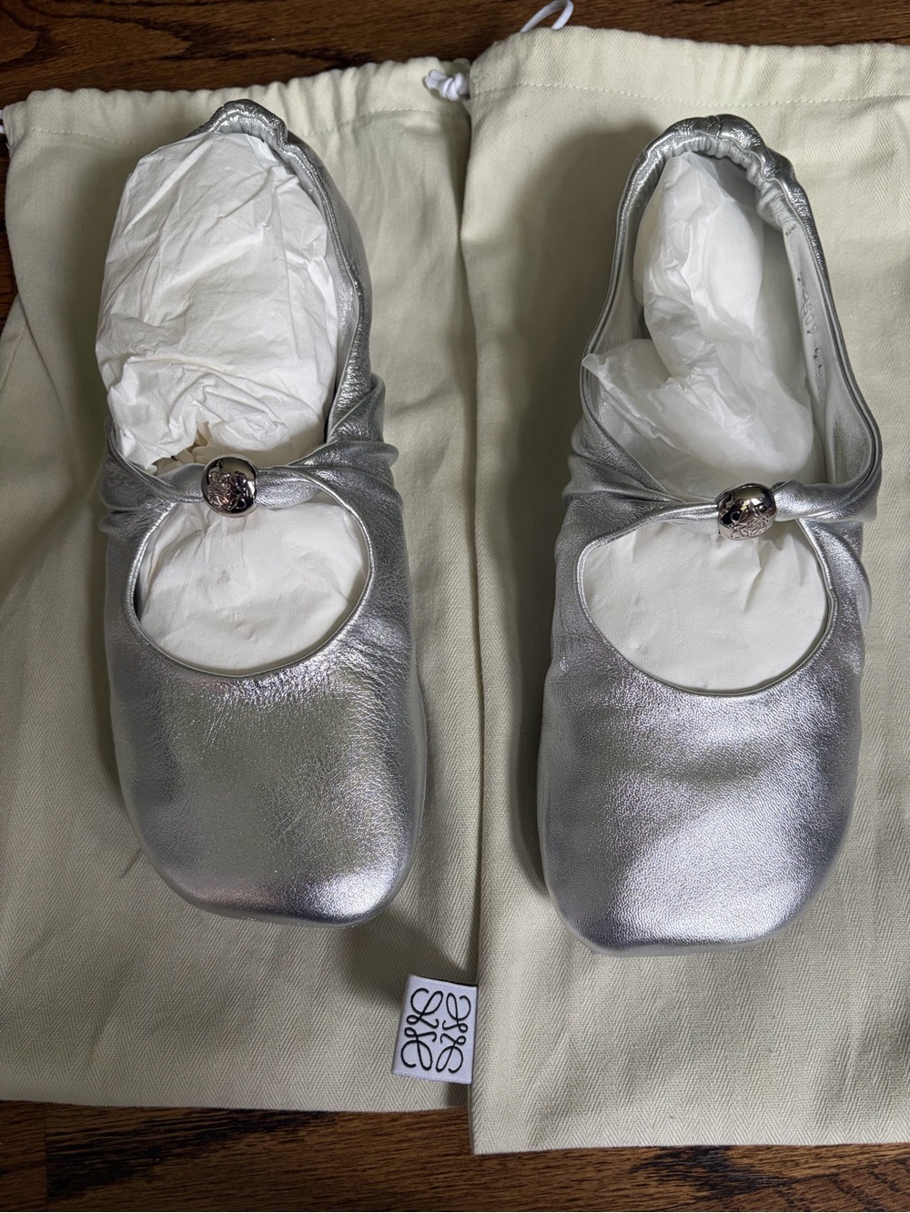Loewe Metallic Silver Leather Mary Jane Ballet Flats with Logo Button